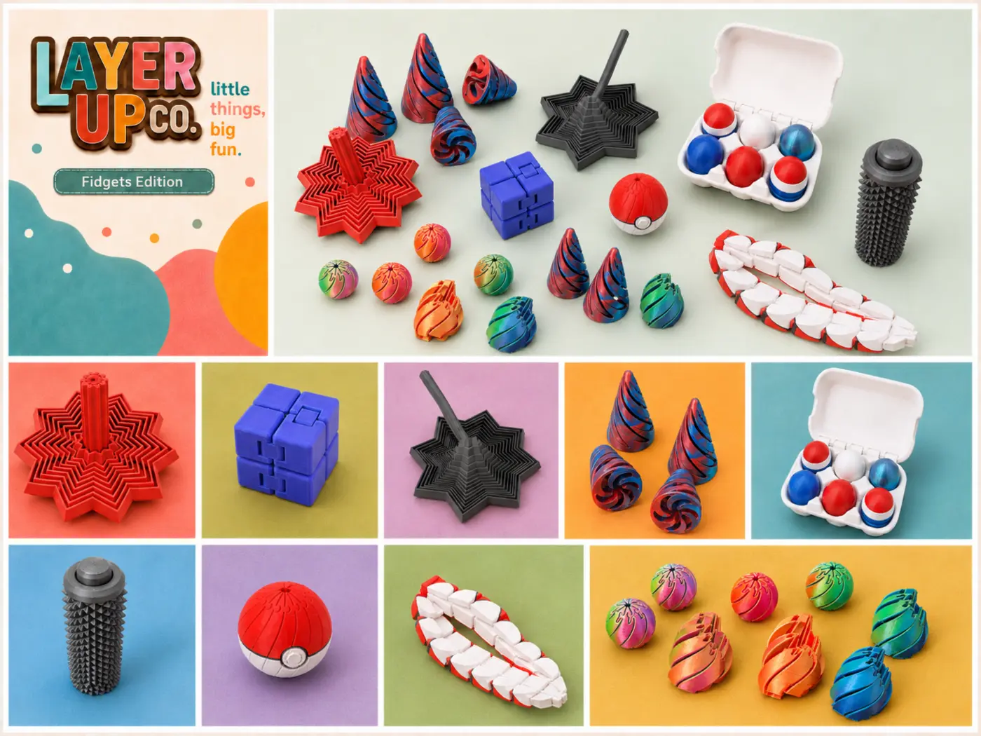 A selection of colorful 3D-printed fidgets
