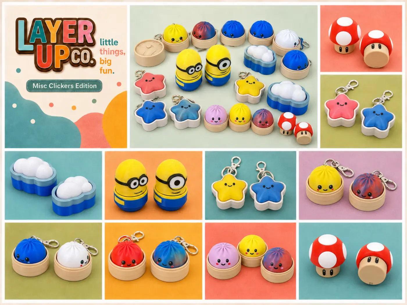 Colorful 3D-printed clickers and keychains