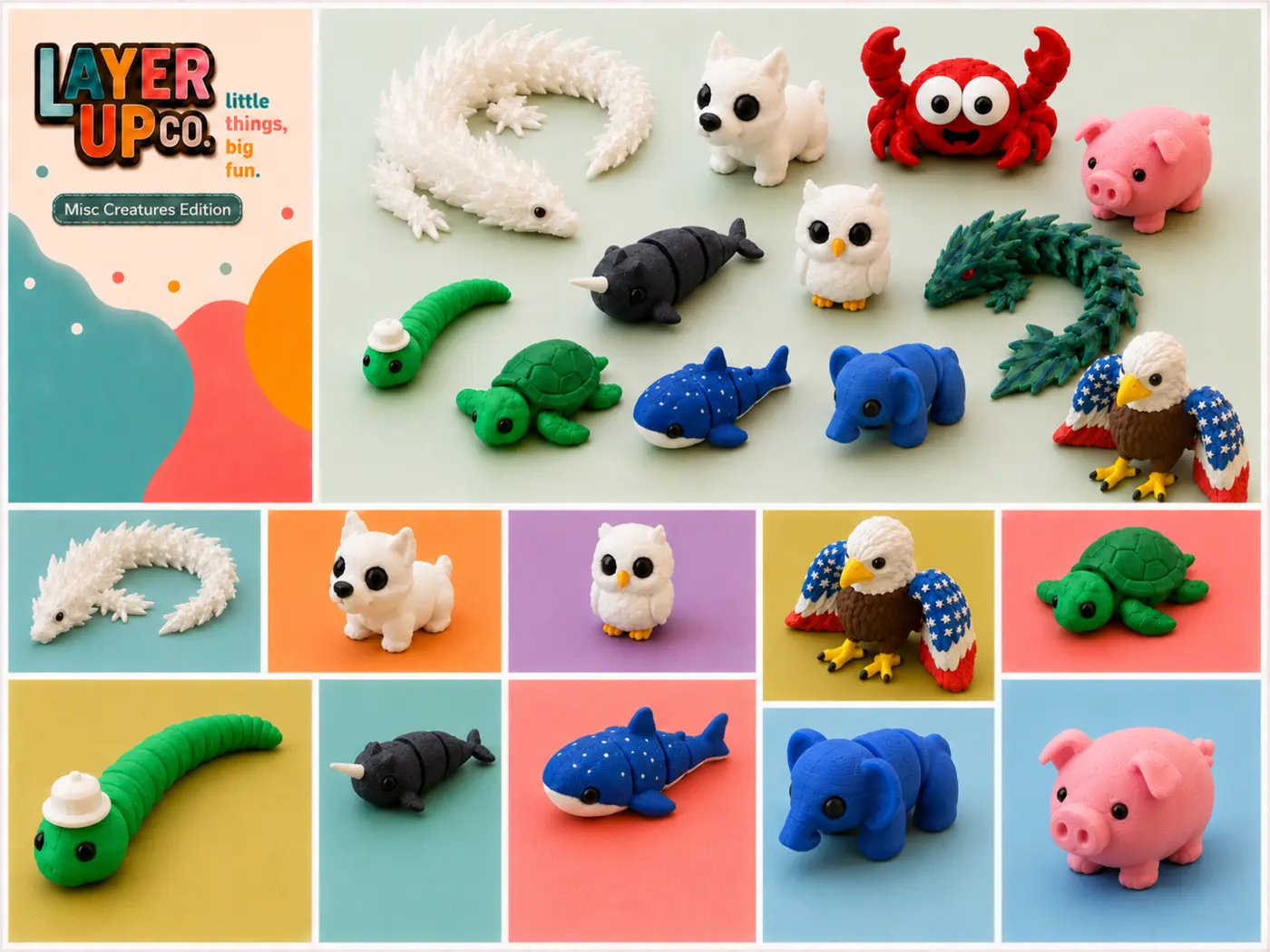 A colorful group of 3D-printed creatures